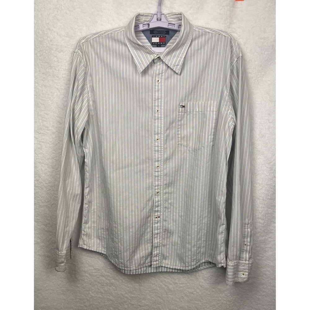 Tommy Jeans Shirt Mens Adult X-Large Blue‎ Stripe Button Up Casual Long Sleeve